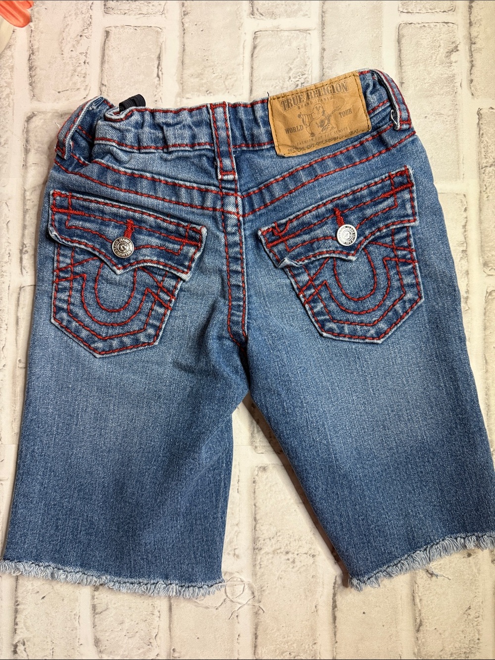 True Religion Blue Denim Shorts with Red Contrast Stitching - Picture 3 of 7